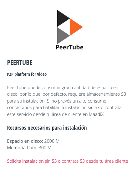 Instalación deshabilitada de PeerTube