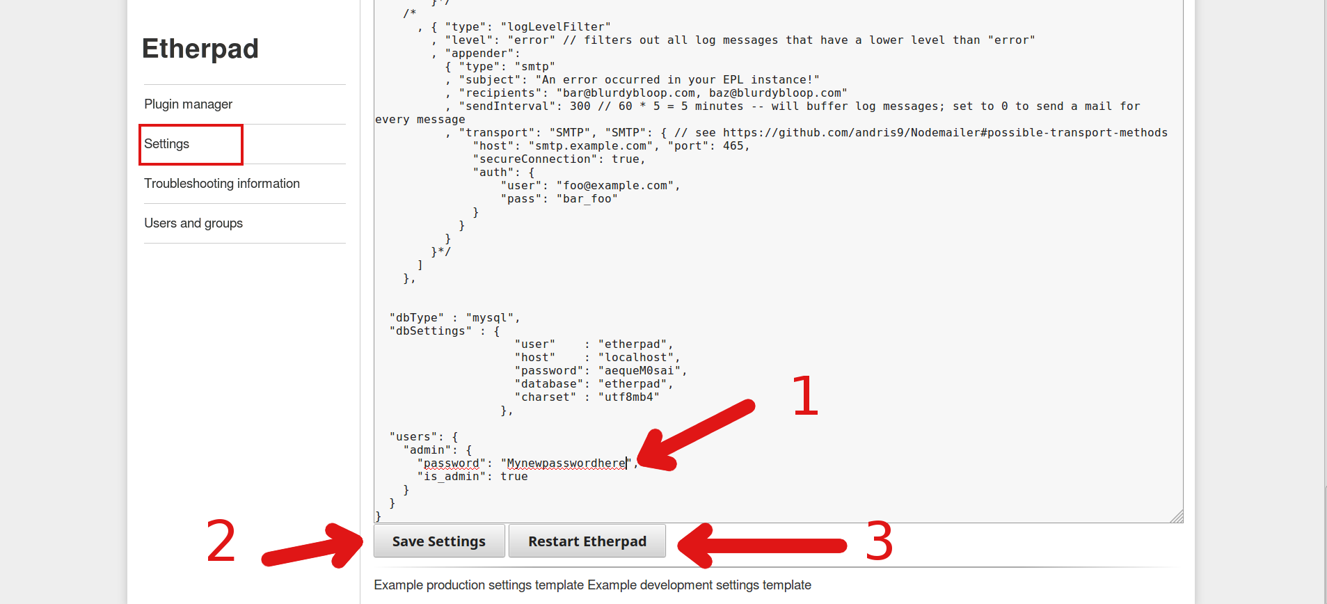 Change etherpad password