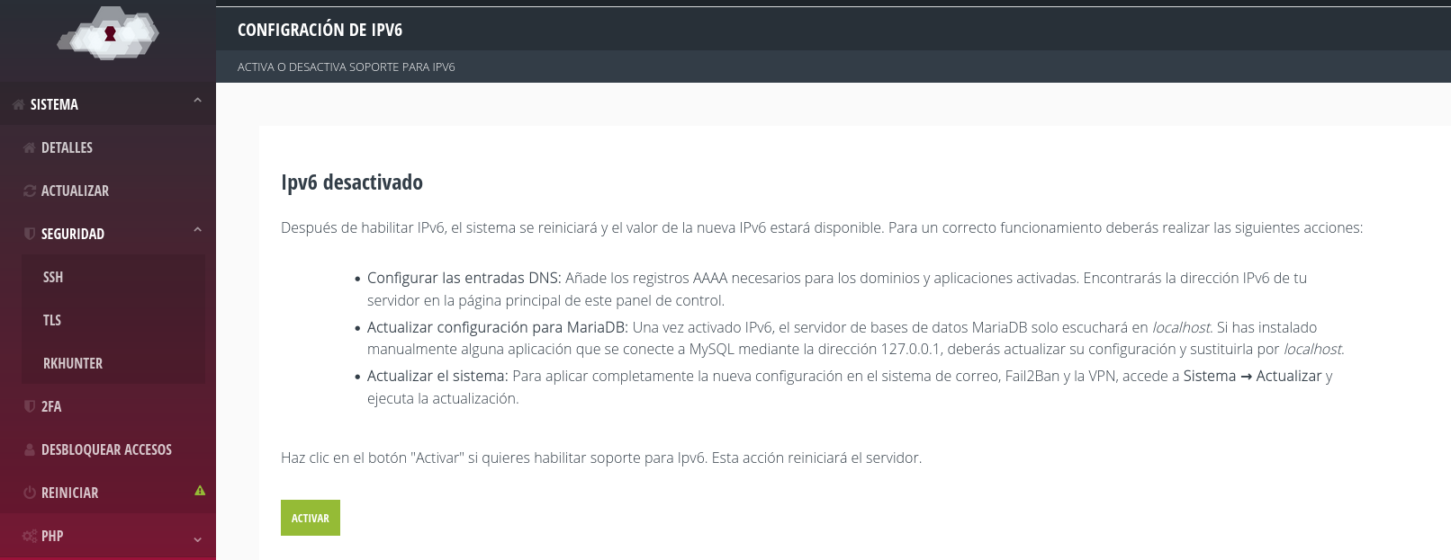 Acceder a la página de configuración de IPV6