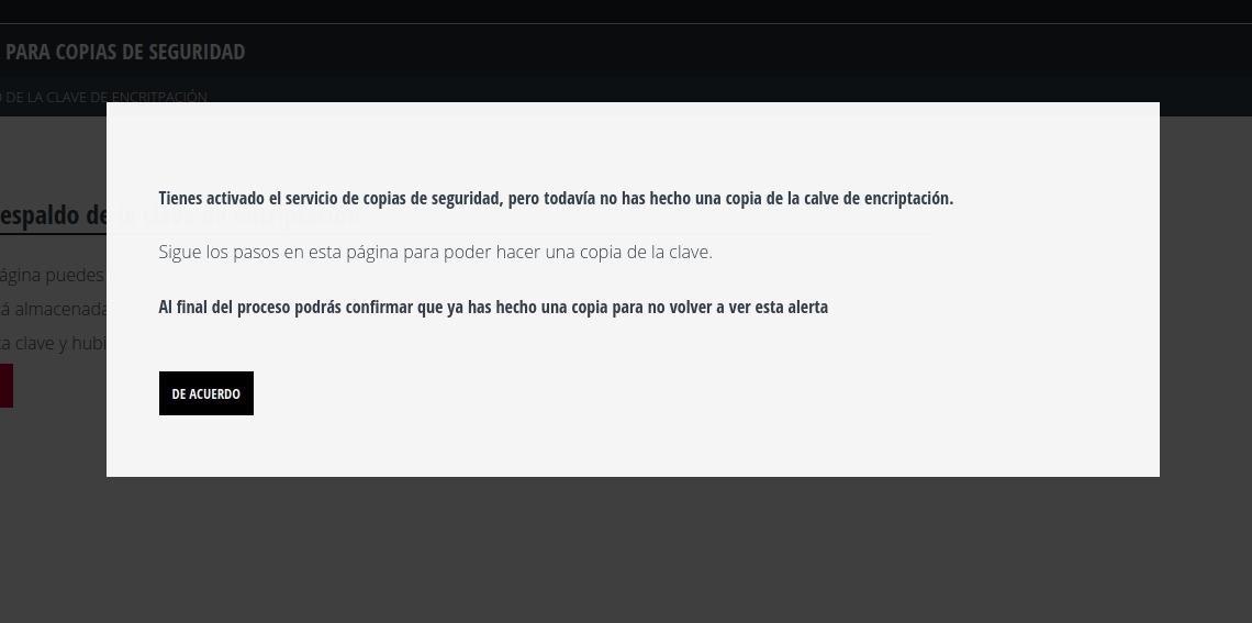 Aviso de clave de encriptación pendiente de exportar