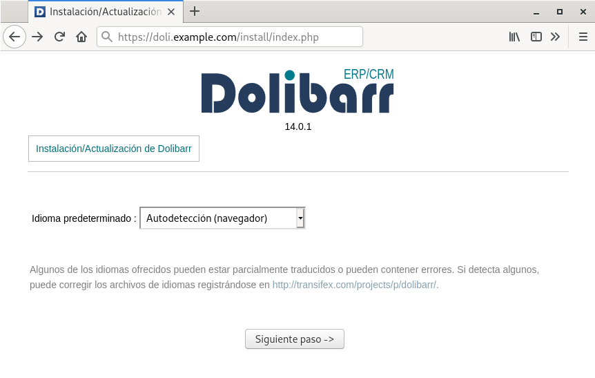 Inicio del asistente de instalación de Dolibarr