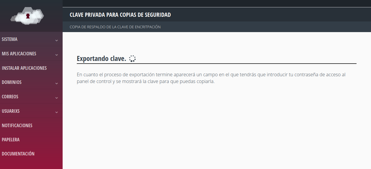 Proceso de exportación de la clave en curso