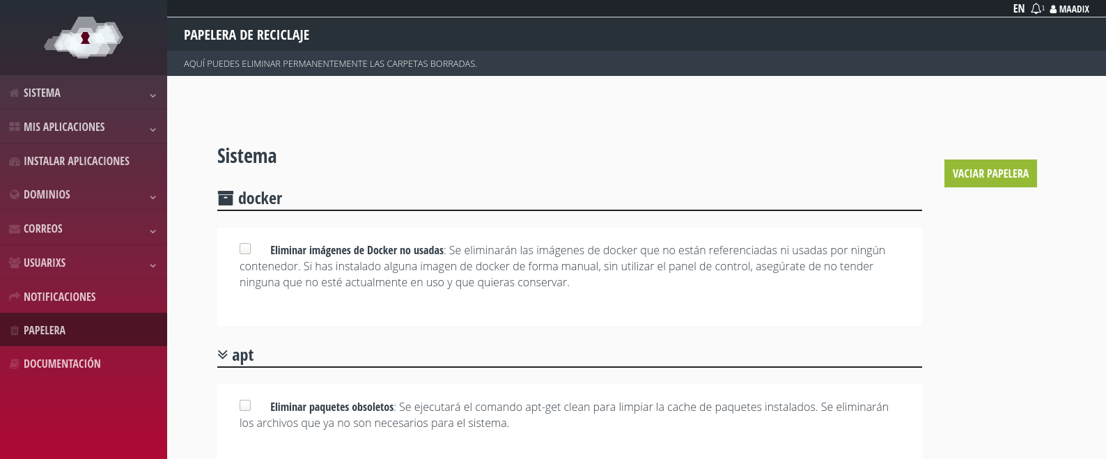Sección Papelera del panel de control
