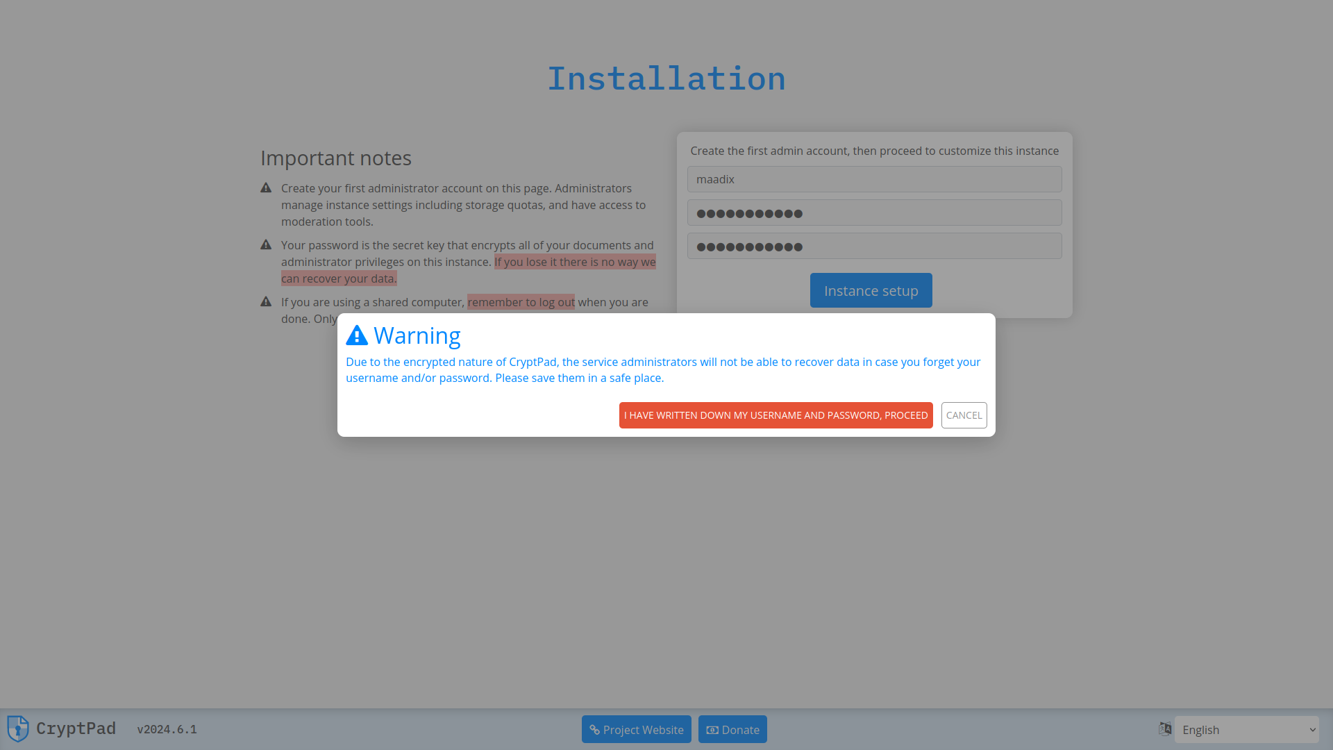 Aviso sobre la contraseña de CryptPad